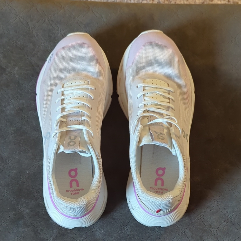 On Running Cloudnova Women's White and Pink Athletic Shoes
